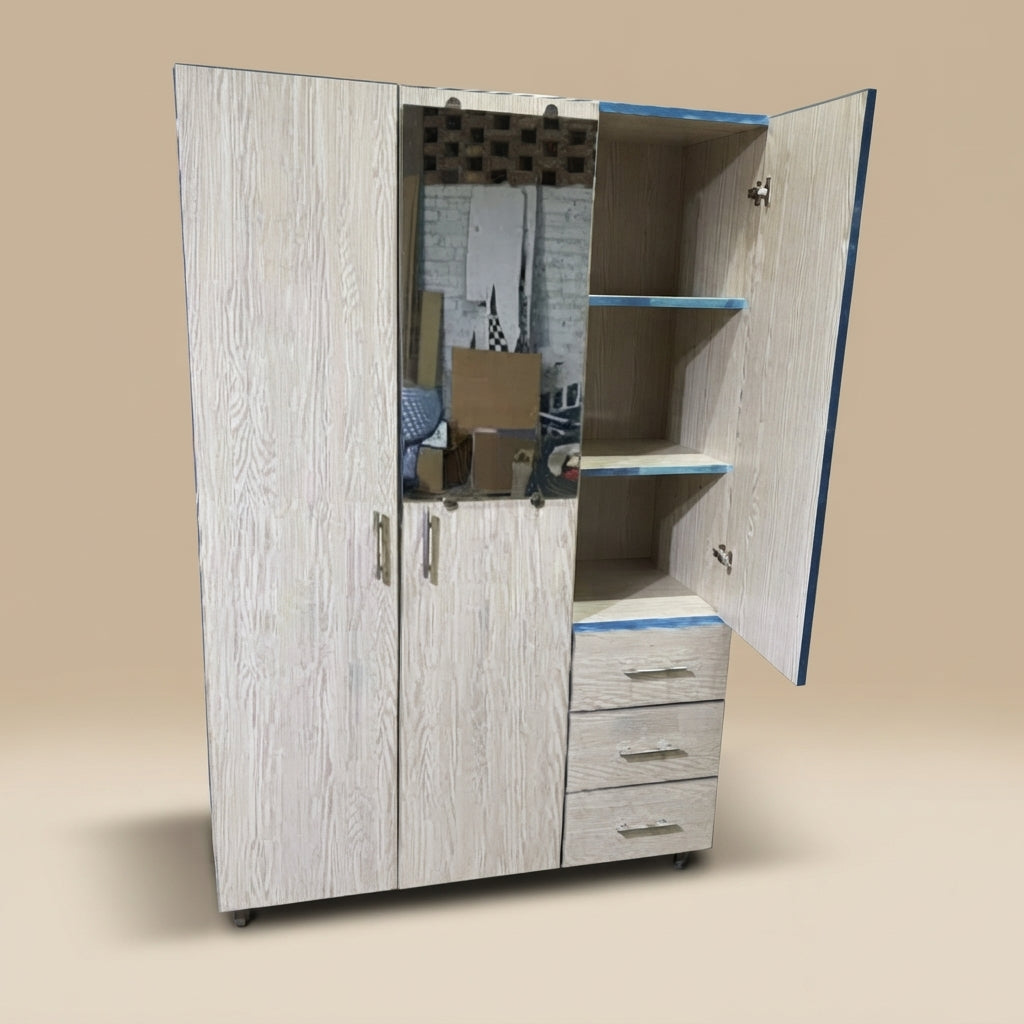 Light Oak 3 Door Mirror Lamination Wardrobe