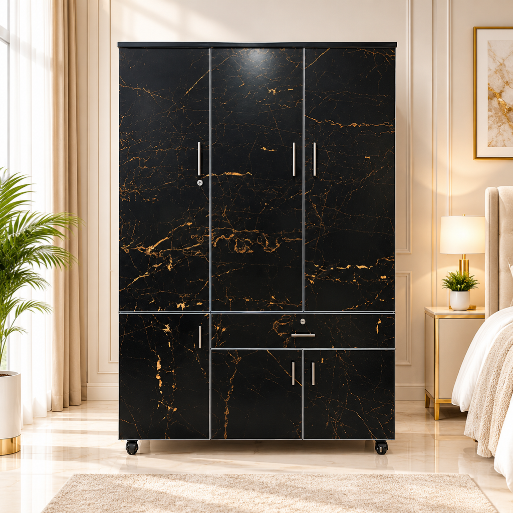 Modern Black Gold Marble Texture 3-Door Wooden Wardrobe