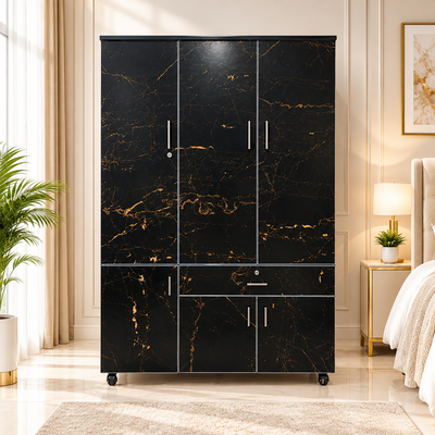Modern Black Gold Marble Texture 3-Door Wooden Wardrobe