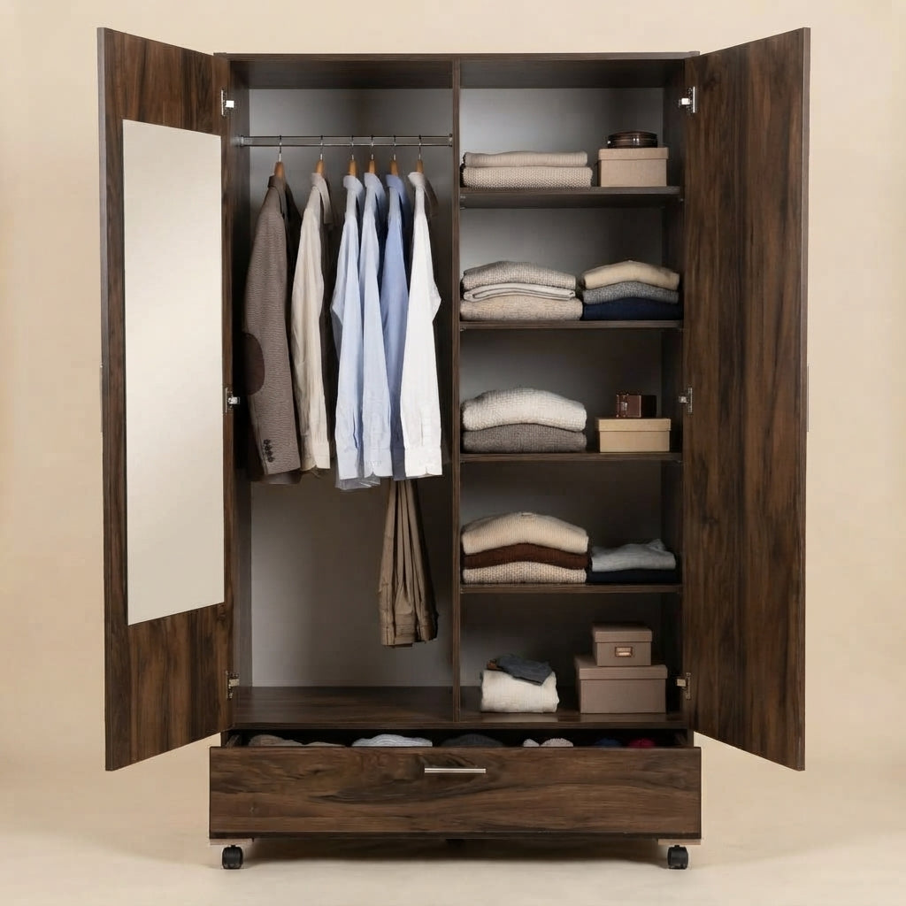 Walnut 2 Door Mirror Lamination Wardrobe