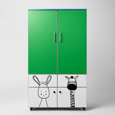 Green Kids Wardrobe with Animal Print (2 Door + 4 Drawers)