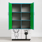 Green Kids Wardrobe with Animal Print (2 Door + 4 Drawers)
