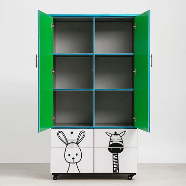 Green Kids Wardrobe with Animal Print (2 Door + 4 Drawers)