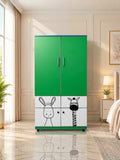 Green Kids Wardrobe with Animal Print (2 Door + 4 Drawers)