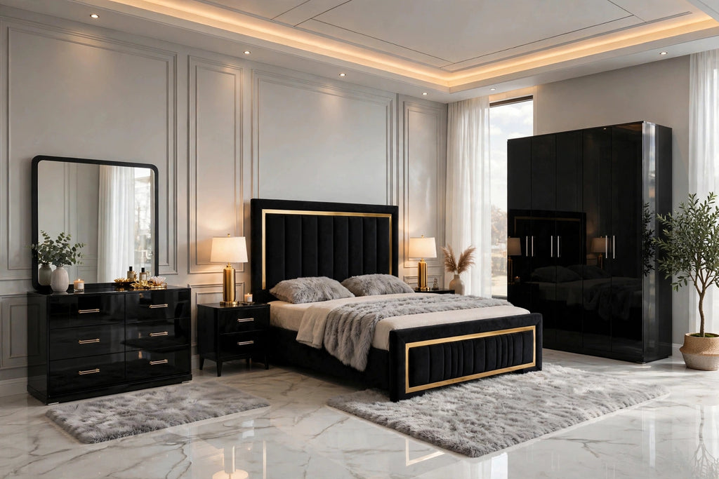 Black Velvet Gold Border Luxury Bed Set | 5 Piece Bedroom Set