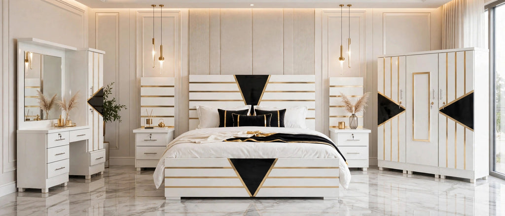 White Black Triangle Luxury Bed Set | 5 Piece Set - High Gloss