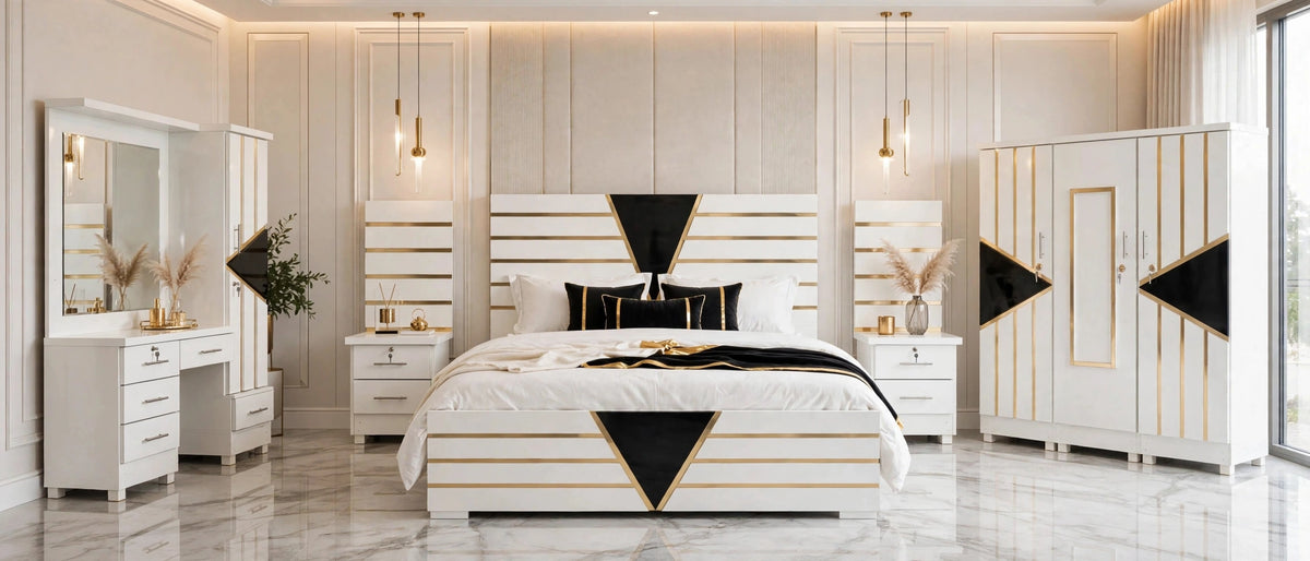 White Black Triangle Luxury Bed Set | 5 Piece Set - High Gloss