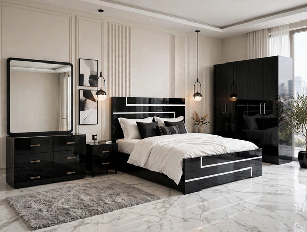 Black White Lining Modern Luxury Bed Set | 5 Piece - High Gloss