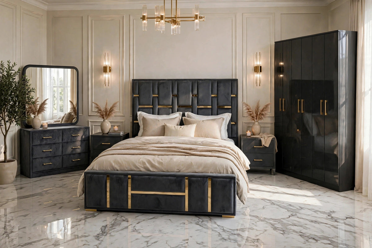 Dark Grey Golden Brass Luxury Bed Set | 5 Piece Set - Velvet