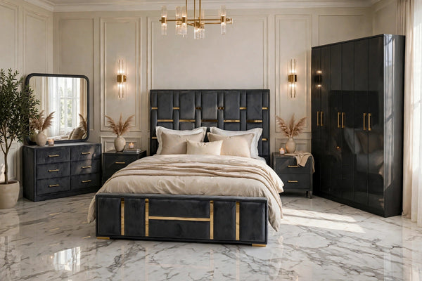 Dark Grey Golden Brass Luxury Bed Set | 5 Piece Set - Velvet