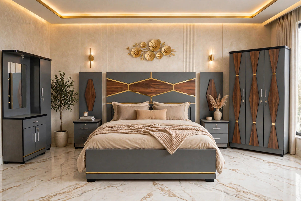 Grey Golden Wooden Hexa Luxury Bed Set | 5 Piece - High Gloss