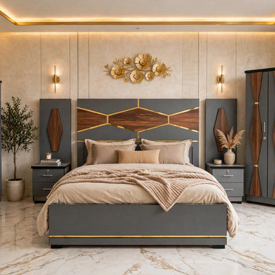Grey Golden Wooden Hexa Luxury Bed Set | 5 Piece - High Gloss