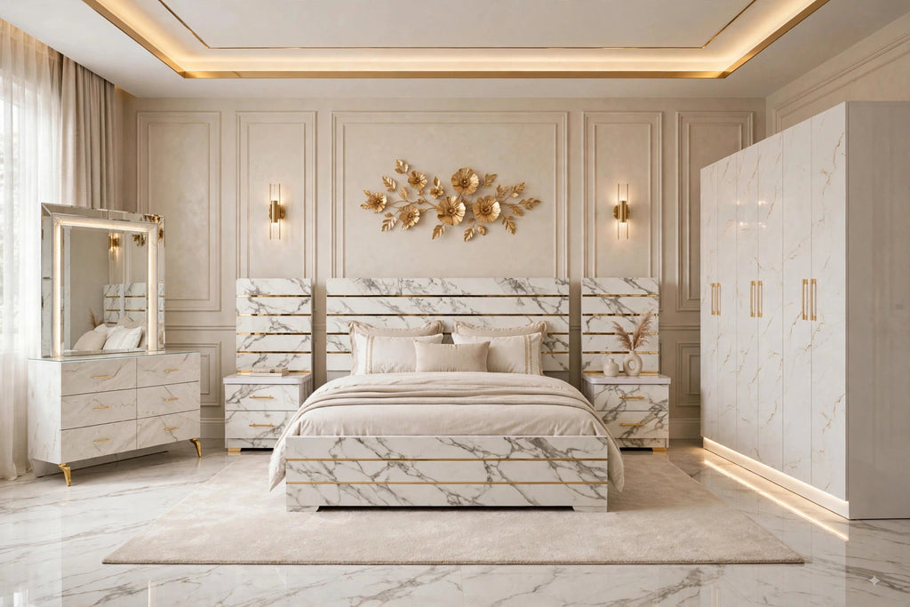 White Marble Golden Strip Luxury Bed Set | 5 Piece - High Gloss