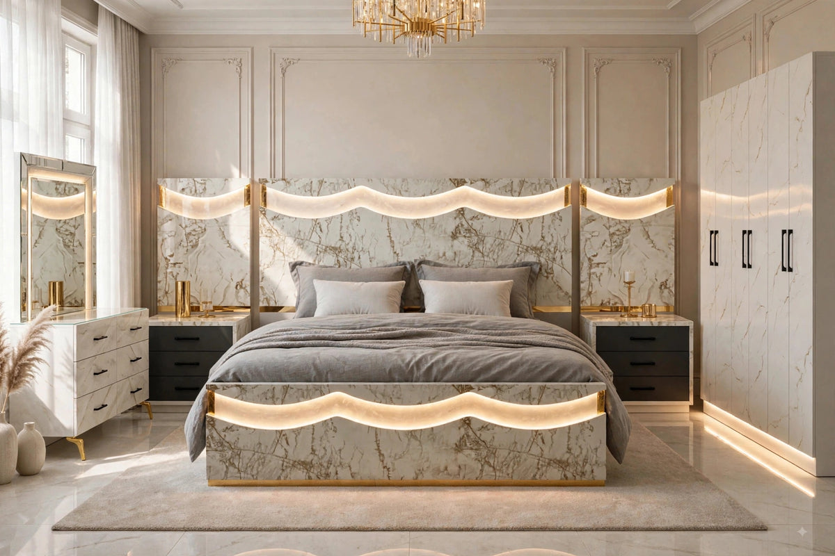Skin Beige Golden Handle Luxury Bed Set | 5 Piece - High Gloss