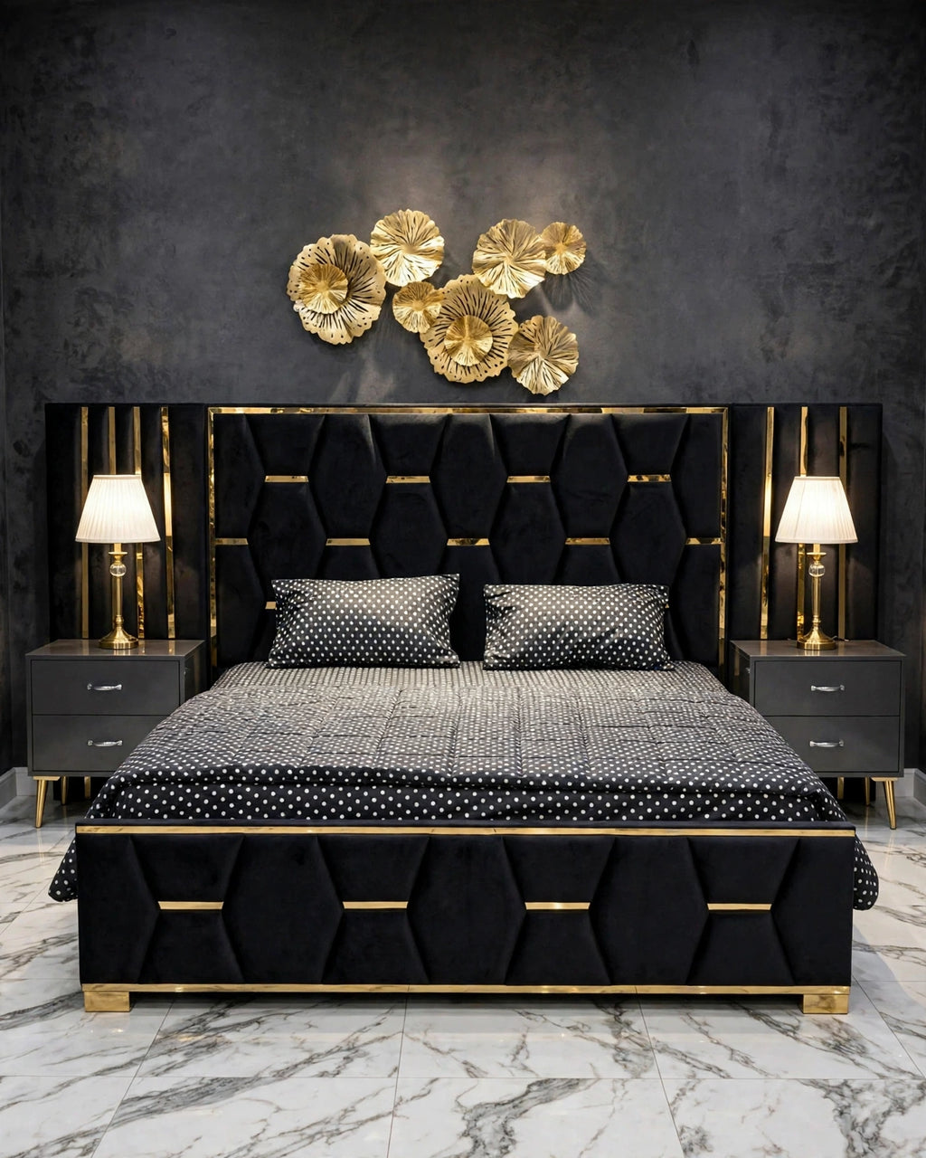 Black Golden Hexa Luxury Bed Set | 5 Piece Set - High Gloss