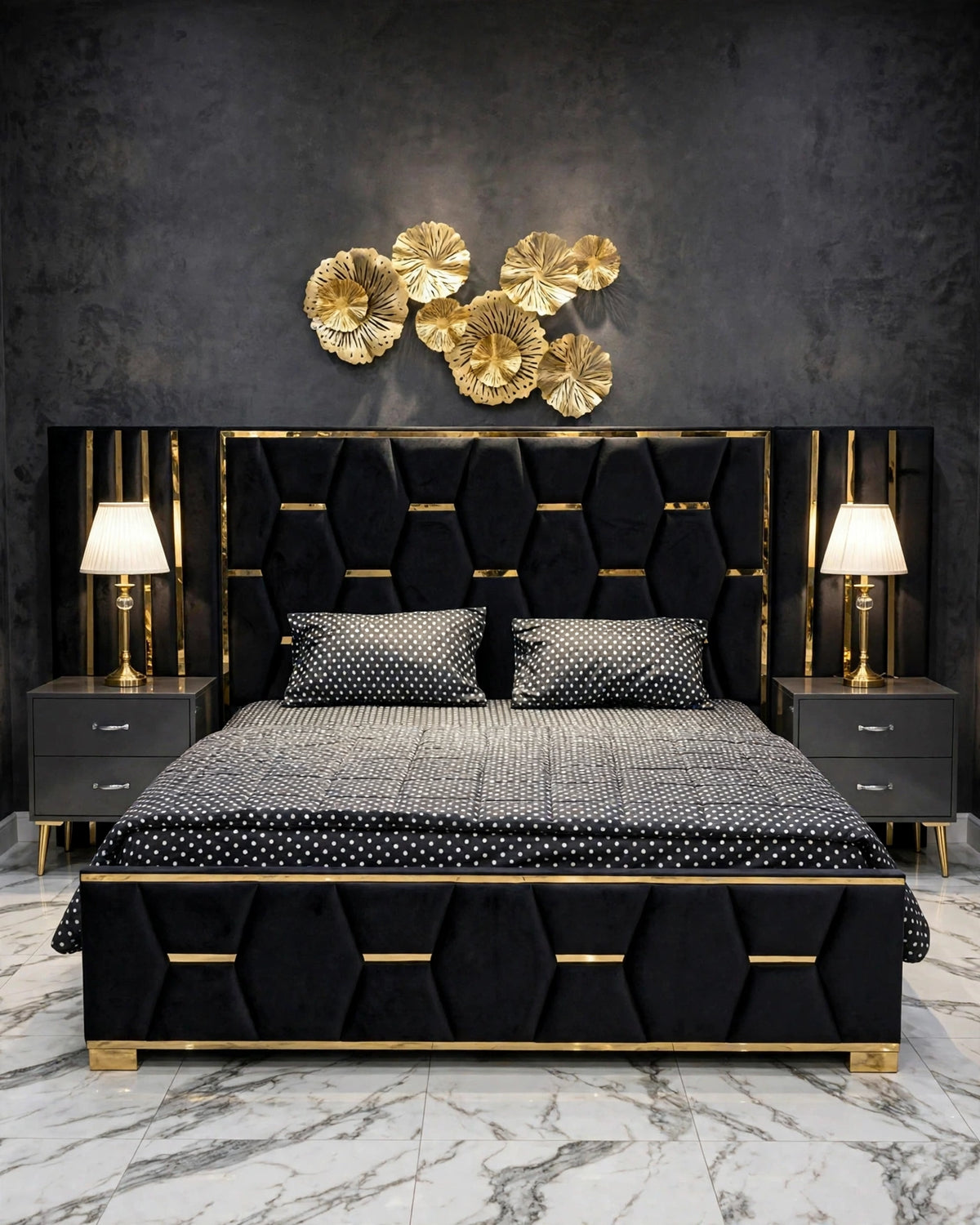 Black Golden Hexa Luxury Bed Set | 5 Piece Set - High Gloss