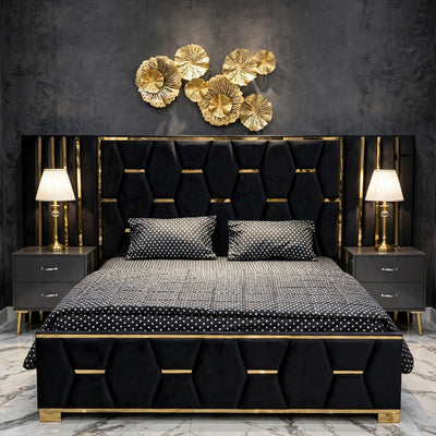 Black Golden Hexa Luxury Bed Set | 5 Piece Set - High Gloss