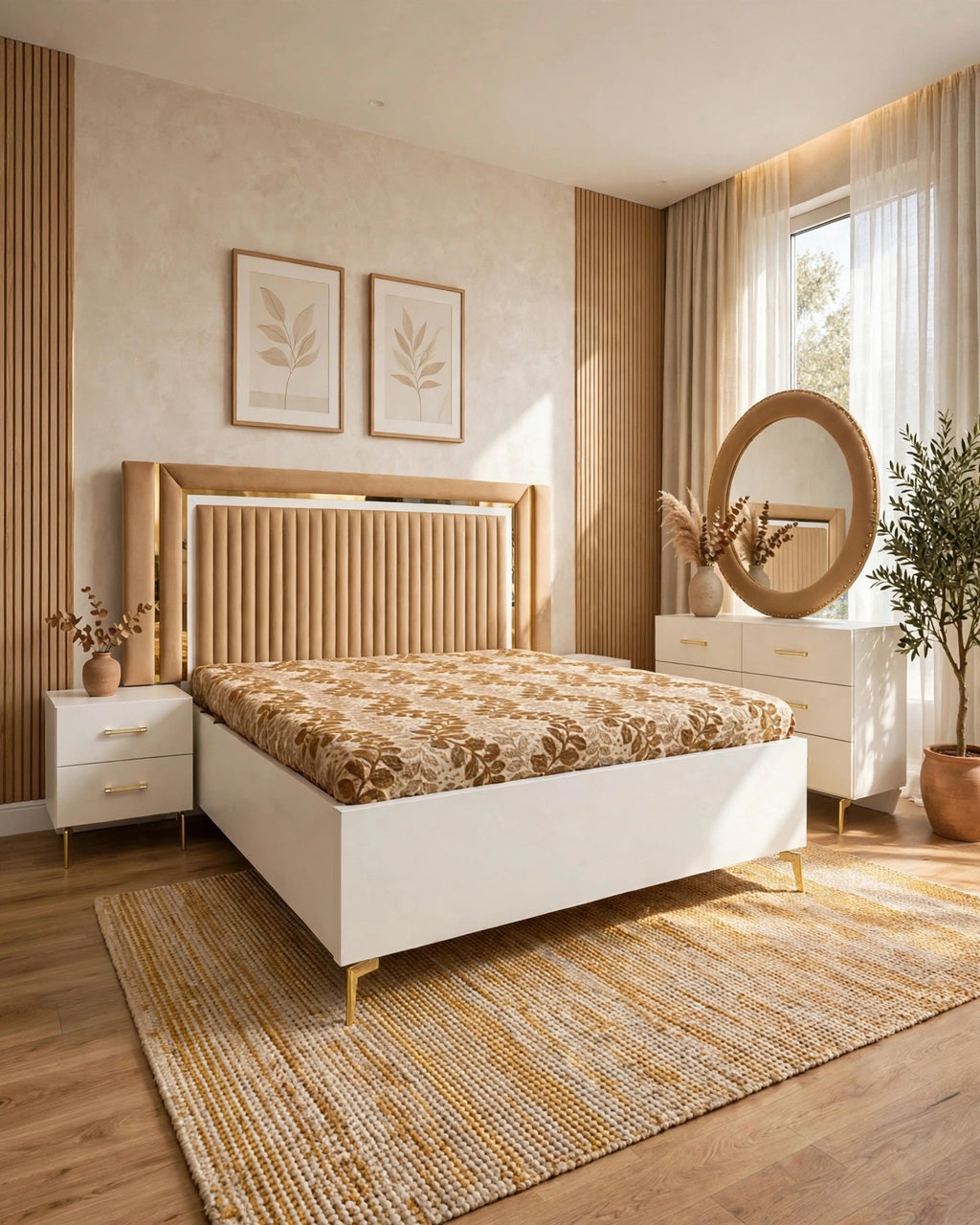 Beige White Channeled Luxury Bed Set | 5 Piece Set - High Gloss
