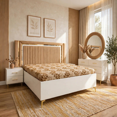 Beige White Channeled Luxury Bed Set | 5 Piece Set - High Gloss