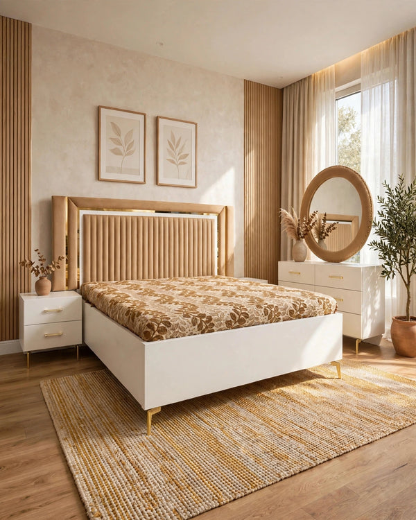 Beige White Channeled Luxury Bed Set | 5 Piece Set - High Gloss