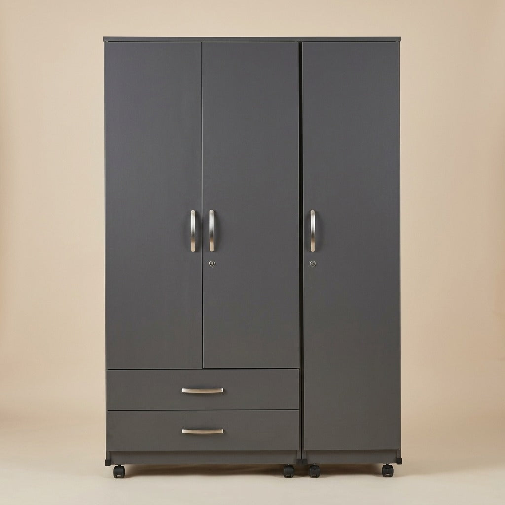 6x6 Ft Grey 3 Door Wardrobe With Drawers On Wheels
