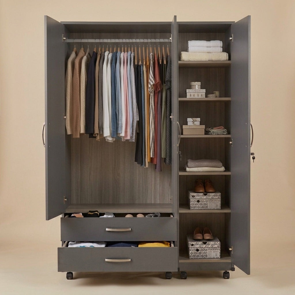6x6 Ft Grey 3 Door Wardrobe With Drawers On Wheels