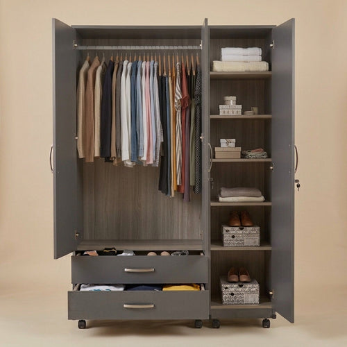 6x6 Ft Grey 3 Door Wardrobe With Drawers On Wheels