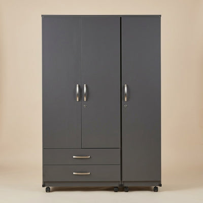 6x6 Ft Grey 3 Door Wardrobe With Drawers On Wheels