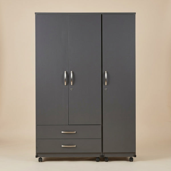 6x6 Ft Grey 3 Door Wardrobe With Drawers On Wheels