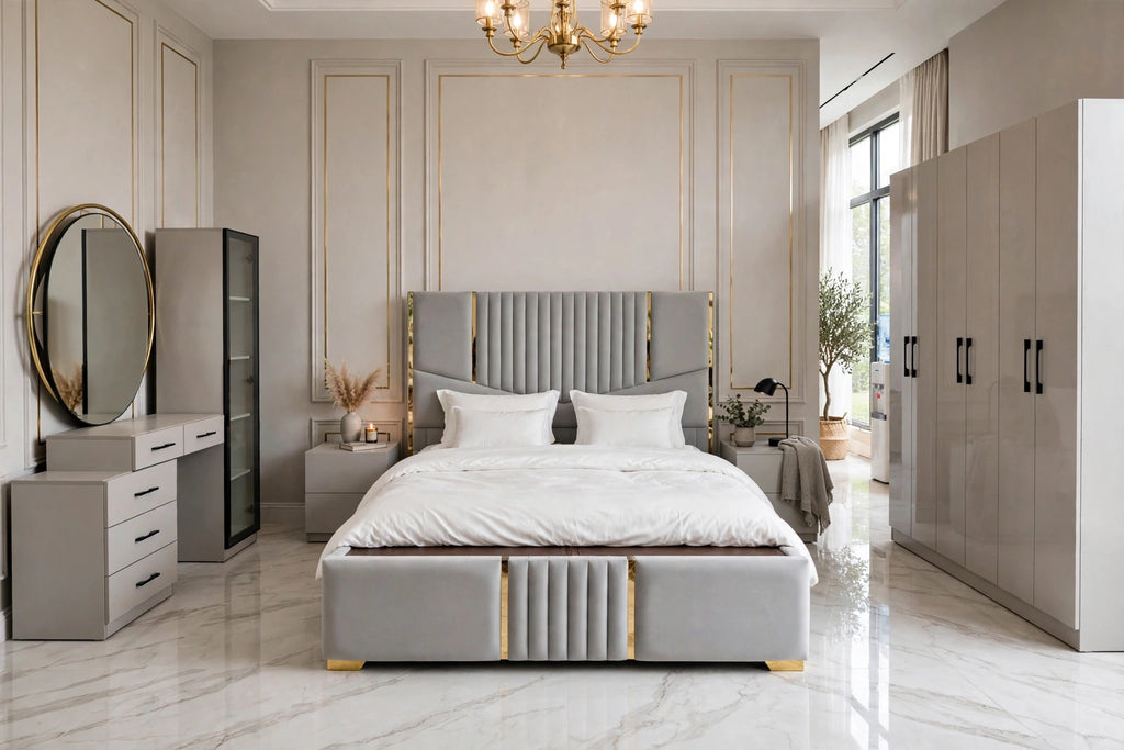 Light Grey Poshish Bed Set - Gold Strip Design | 5 Piece Luxury Set