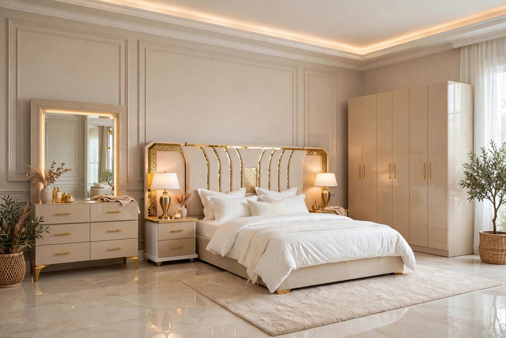 Cream Beige Arch Design Luxury Bed Set | 5 Piece Bedroom Set
