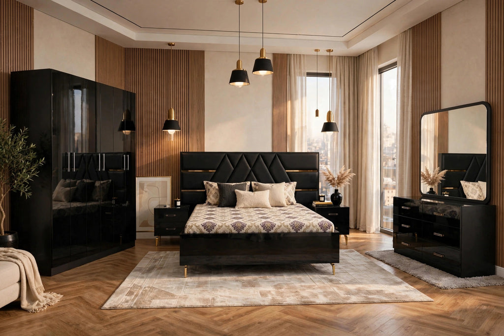 Modern Black Diamond Design 5 Piece Bedroom Set - High Gloss Me