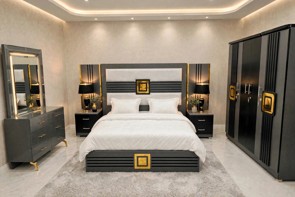 Grey Black Golden Square Luxury Bed Set | 5 Piece - High Gloss