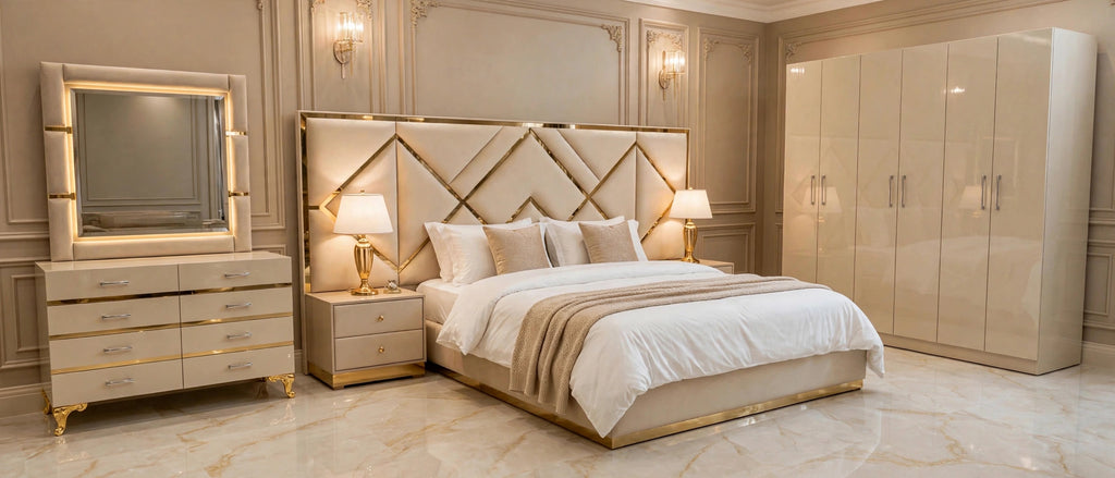 Beige Golden Diamond Luxury Bed Set | 5 Piece Set - High Gloss