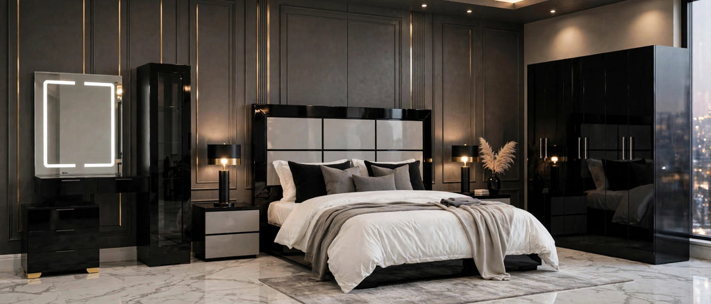 Black Grey Panel Luxury Bed Set | 5 Piece Set - High Gloss
