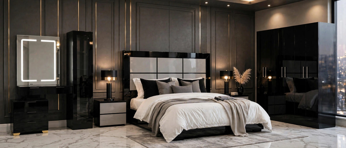 Black Grey Panel Luxury Bed Set | 5 Piece Set - High Gloss