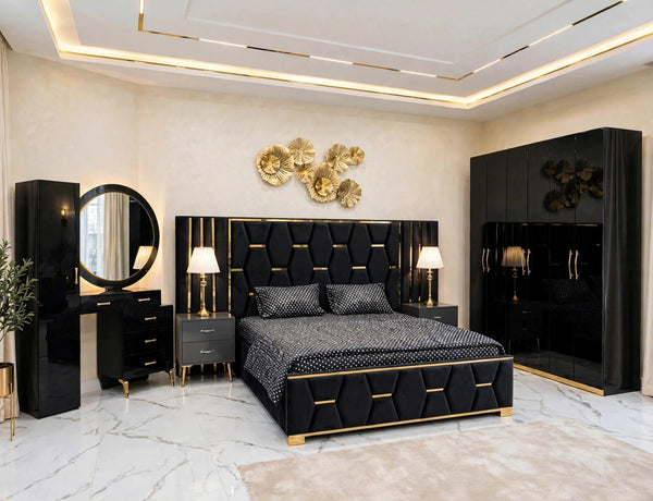 Black Golden Hexa Luxury Bed Set | 5 Piece Set - High Gloss