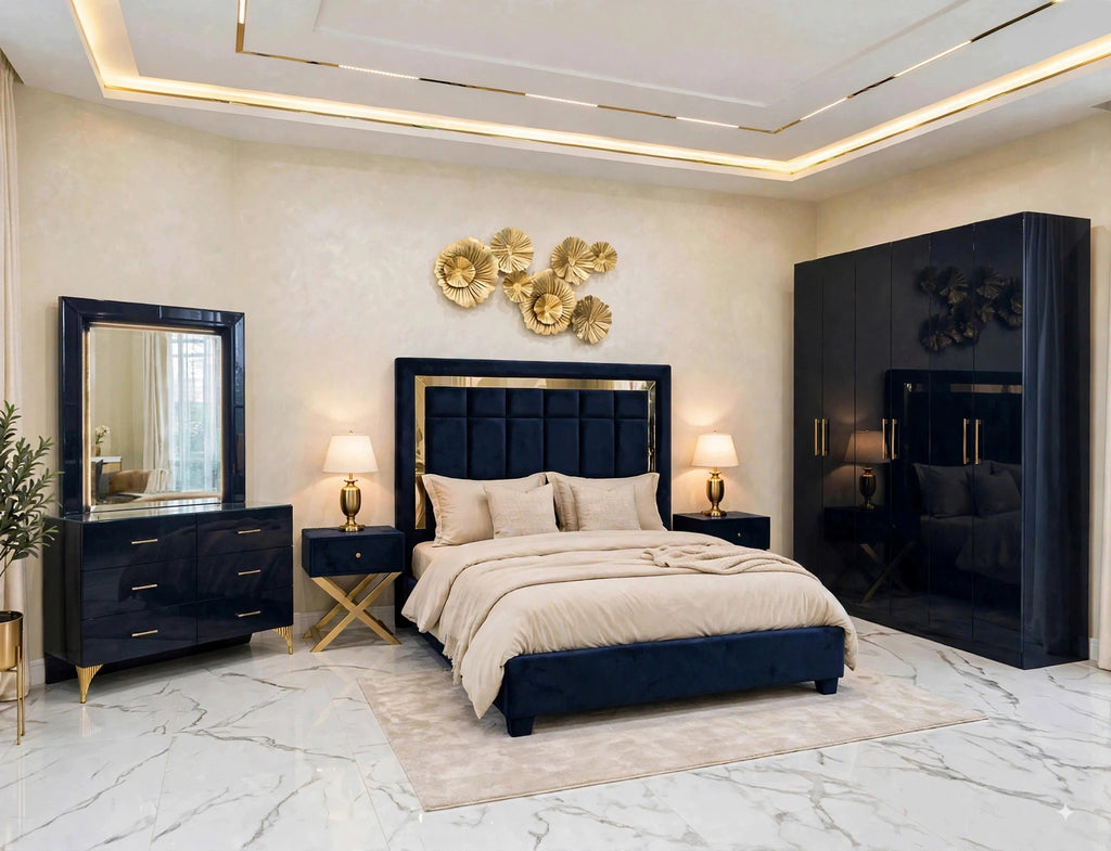 Navy Blue Golden Mirror Luxury Bed Set | 5 Piece Set - High Gloss