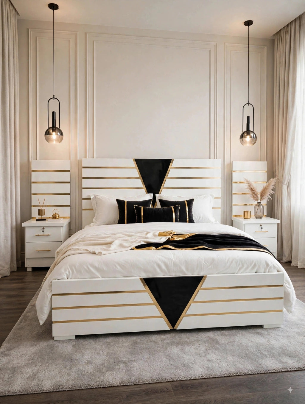 White Black Triangle Luxury Bed Set | 5 Piece Set - High Gloss