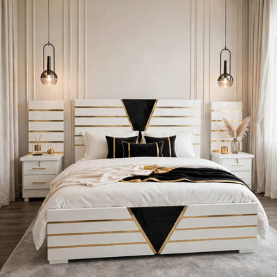 White Black Triangle Luxury Bed Set | 5 Piece Set - High Gloss