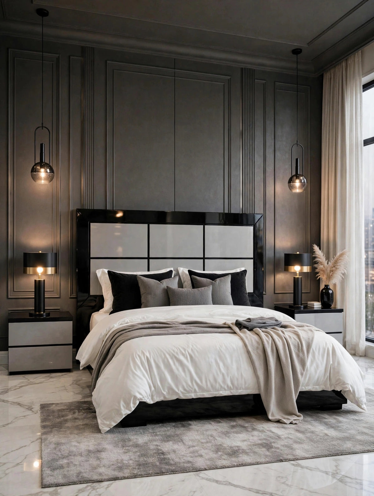 Black Grey Panel Luxury Bed Set | 5 Piece Set - High Gloss