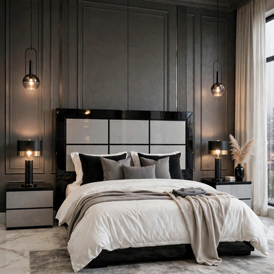 Black Grey Panel Luxury Bed Set | 5 Piece Set - High Gloss
