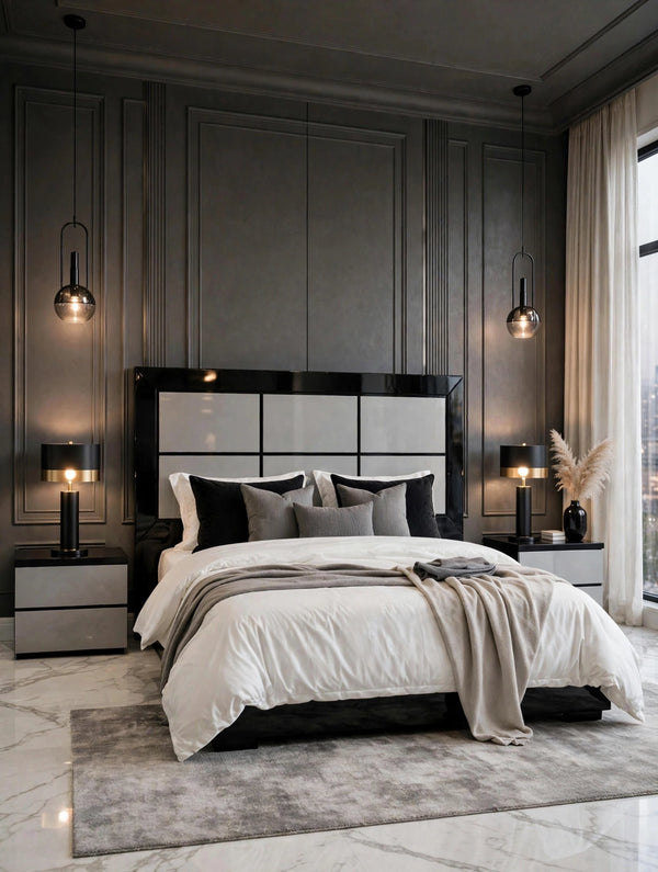 Black Grey Panel Luxury Bed Set | 5 Piece Set - High Gloss