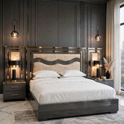 Dark Grey W-Curve Golden Luxury Bed Set | 5 Piece Set - High Gloss