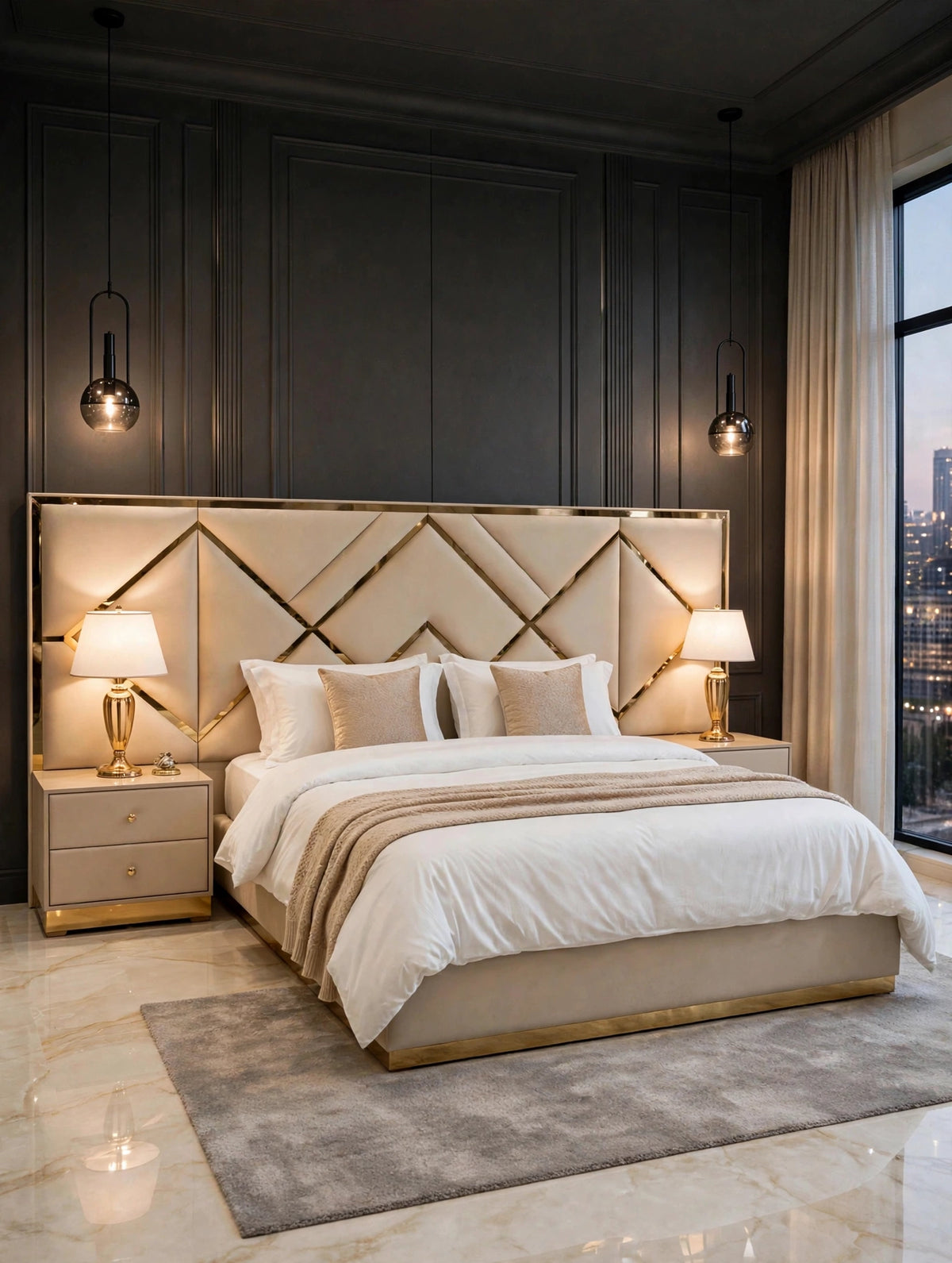 Beige Golden Diamond Luxury Bed Set | 5 Piece Set - High Gloss