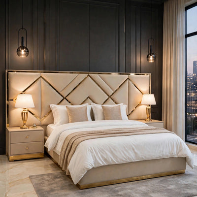 Beige Golden Diamond Luxury Bed Set | 5 Piece Set - High Gloss