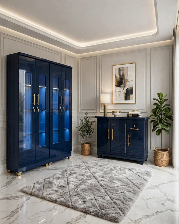 Navy Blue Golden Mirror Luxury Bed Set | 5 Piece Set - High Gloss
