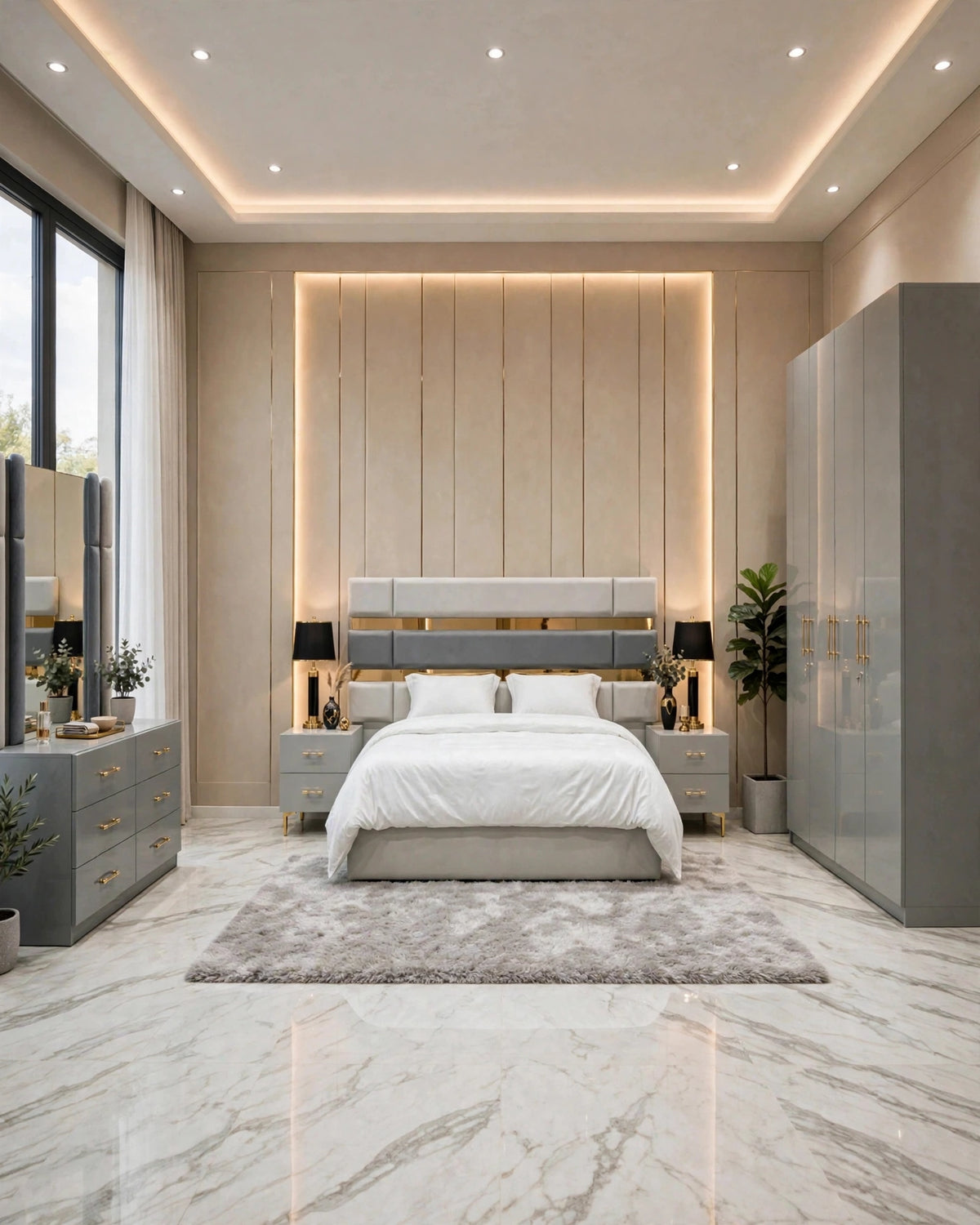 Light Grey Golden Mirror Luxury Bed Set | 5 Piece Set - High Gloss