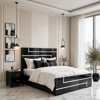 Black White Lining Modern Luxury Bed Set | 5 Piece - High Gloss