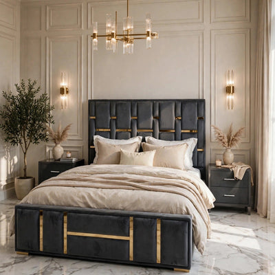 Dark Grey Golden Brass Luxury Bed Set | 5 Piece Set - Velvet